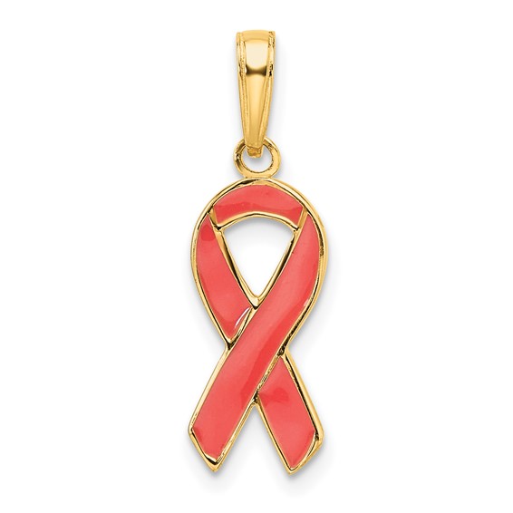 Gold Pink Enameled Awareness Ribbon Pendant