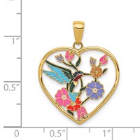 14K Yellow Gold Enameled Hummingbird Pendant with Flowers Heart view 4