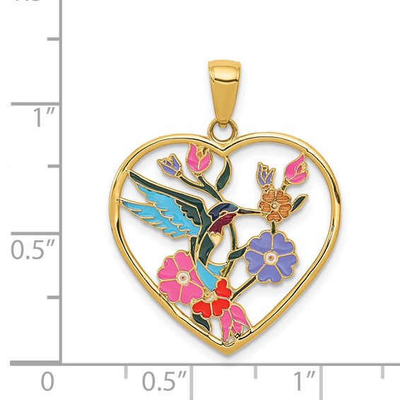14k Enameled Hummingbird with Flowers Heart Pendant