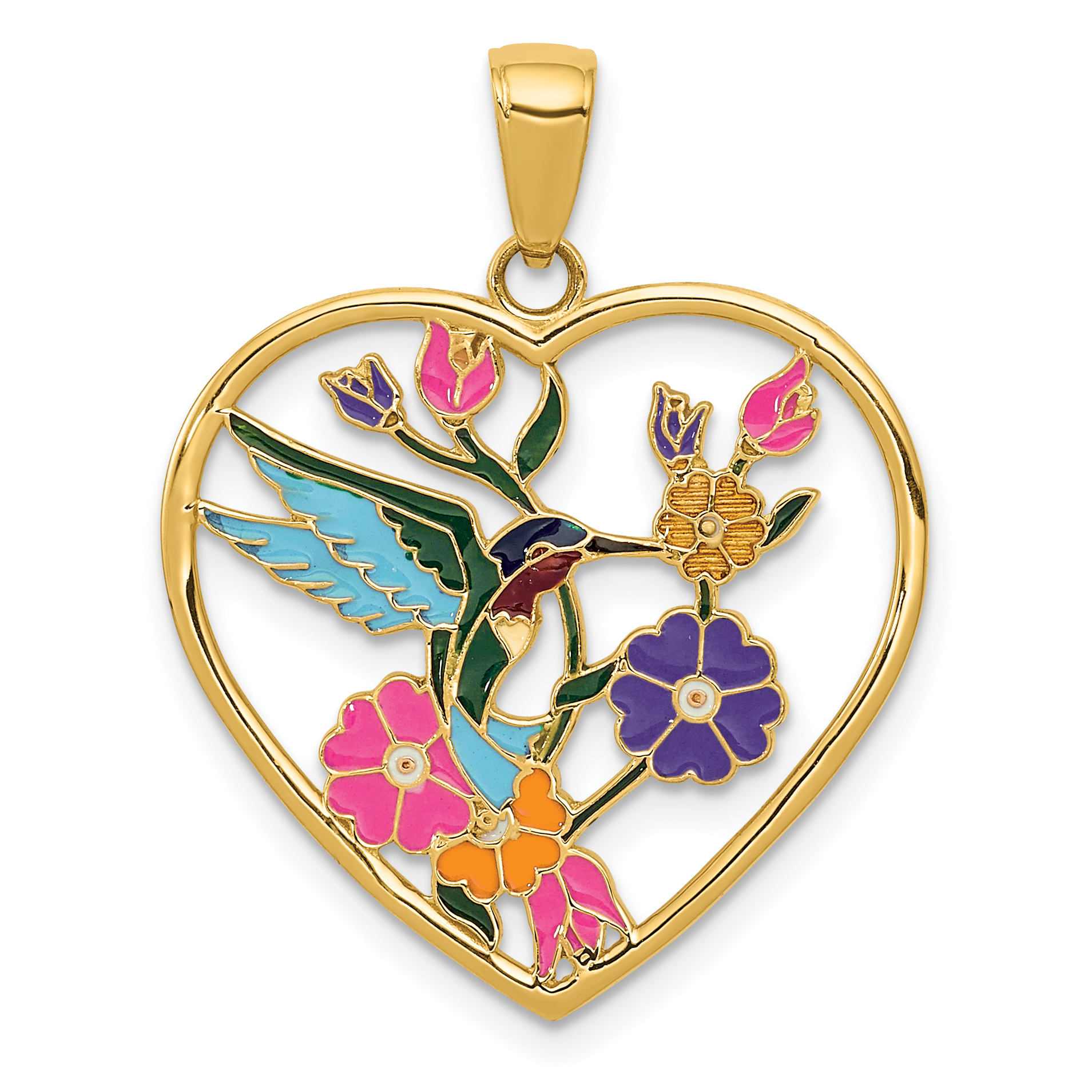 14k Enameled Hummingbird w/Flowers Heart Pendant (YC957)