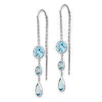 14K White Gold Blue Topaz Bezel Dangle Threader Earrings view 2