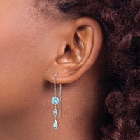 14K White Gold Blue Topaz Bezel Dangle Threader Earrings view 3