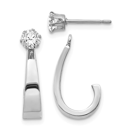 14K White Gold Polished J-Hoop Jackets Earrings with 4mm CZ Stud