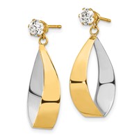 14K and White Rhodium Polished Oval Dangle Jackets Earrings with 4mm CZ Stud view 2