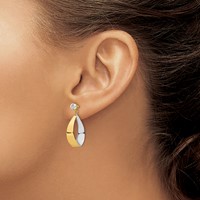 14K and White Rhodium Polished Oval Dangle Jackets Earrings with 4mm CZ Stud view 3