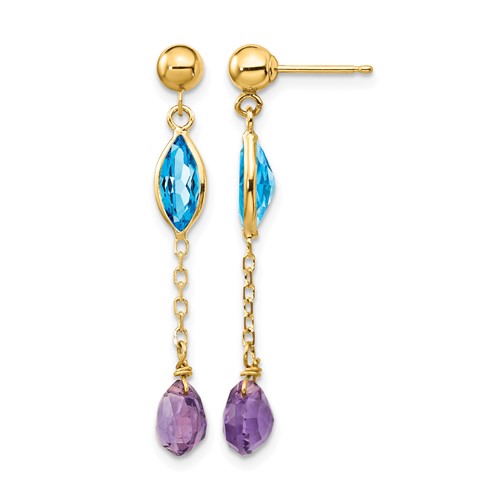 14K Yellow Gold Amethyst and Blue Topaz Dangle Post Earrings