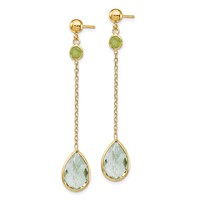 14K Yellow Gold Round Peridot Pear Green Quartz Chain Dangle Post Earrings view 2