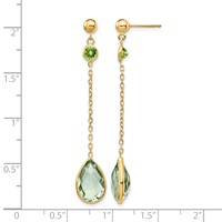 14K Yellow Gold Round Peridot Pear Green Quartz Chain Dangle Post Earrings view 4