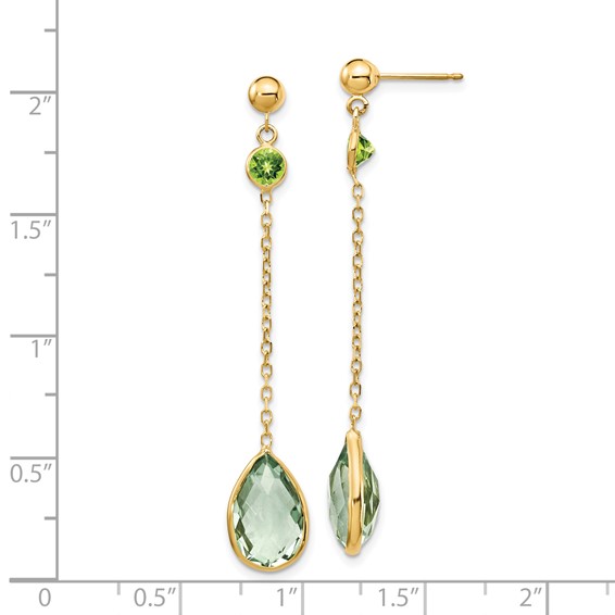 14K Round Peridot/Pear Green Quartz Chain Dangle Post Earrings