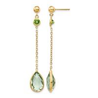 14K Yellow Gold Round Peridot Pear Green Quartz Chain Dangle Post Earrings view 1
