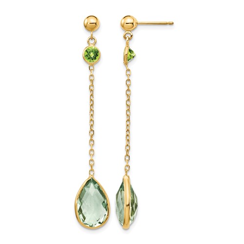 14K Yellow Gold Round Peridot Pear Green Quartz Chain Dangle Post Earrings