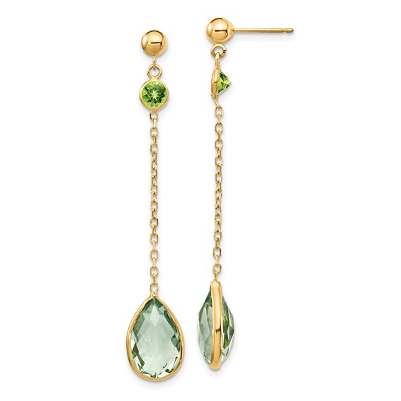 14K Round Peridot/Pear Green Quartz Chain Dangle Post Earrings