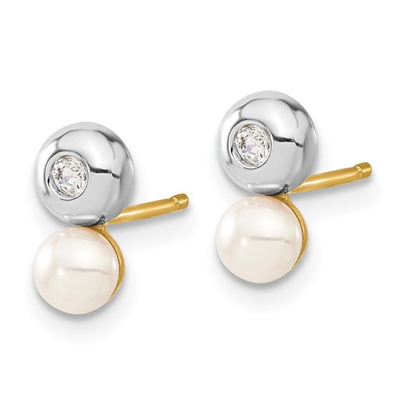 14ky & White Rhodium-plated Freshwater Cultured Pearl & CZ Earrings