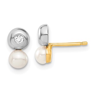 14ky & White Rhodium-plated Freshwater Cultured Pearl & CZ Earrings