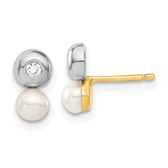 14ky & White Rhodium-plated Freshwater Cultured Pearl & CZ Earrings