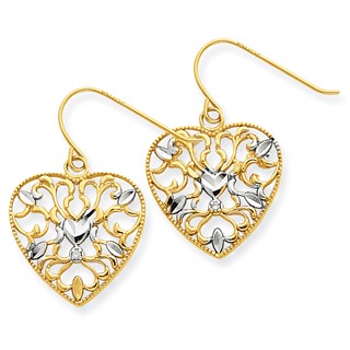 14K & Rhodium .01ct Diamond Filigree Heart Wire Earrings