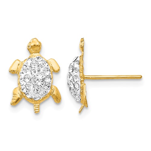 14K Yellow Gold White Crystal Turtle Post Earrings