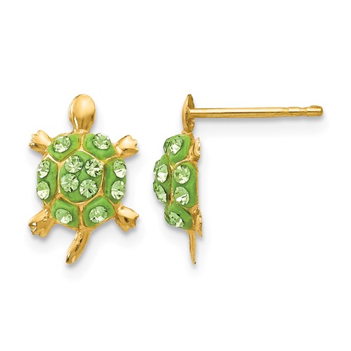14K Yellow Gold Light Green Crystal Turtle Post Earrings