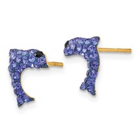 14K Yellow Gold Blue Crystal Dolphin Post Earrings view 2