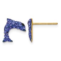 14K Yellow Gold Blue Crystal Dolphin Post Earrings view 1