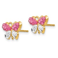 14K Yellow Gold Pink and White Crystal Butterfly Post Earrings view 2