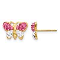 14K Yellow Gold Pink and White Crystal Butterfly Post Earrings view 1
