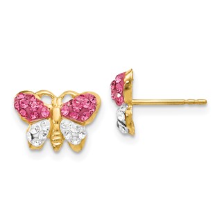 14k Pink and White Crystal Butterfly Post Earrings