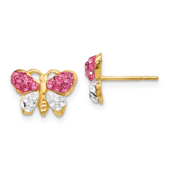 14k Pink and White Crystal Butterfly Post Earrings