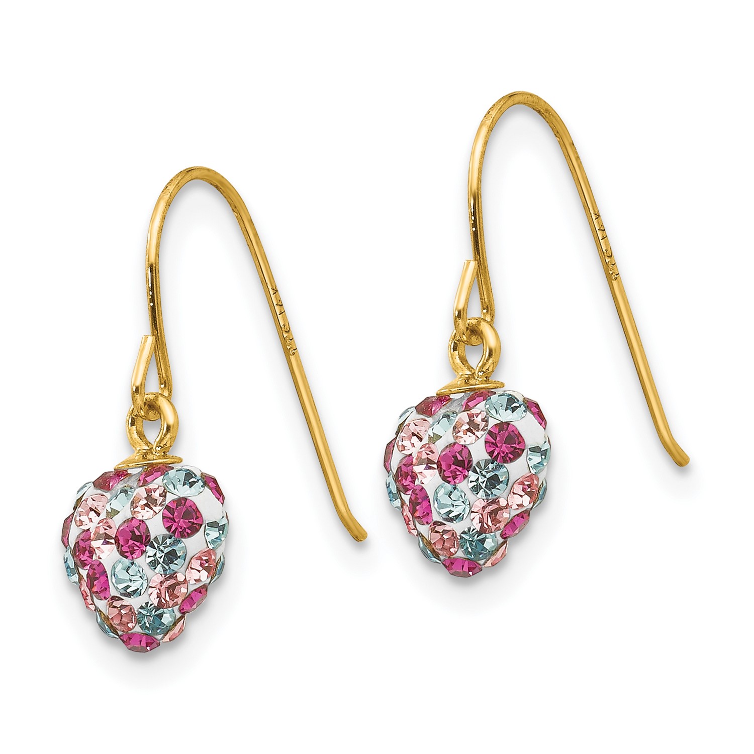 14k Yellow Gold 0.5IN Multicolored Crystal Heart Shepherd Hook Dangle