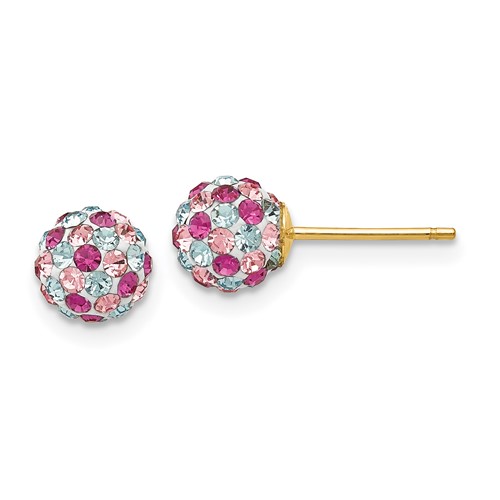 14K 6mm Yellow Gold Pink Blue Multi-color Crystal Round Ball Post Earrings