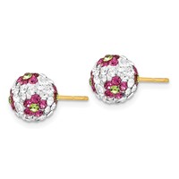 14K 8mm Yellow Gold Pink White Green Crystal Flowers Round Ball Post Earrings view 2