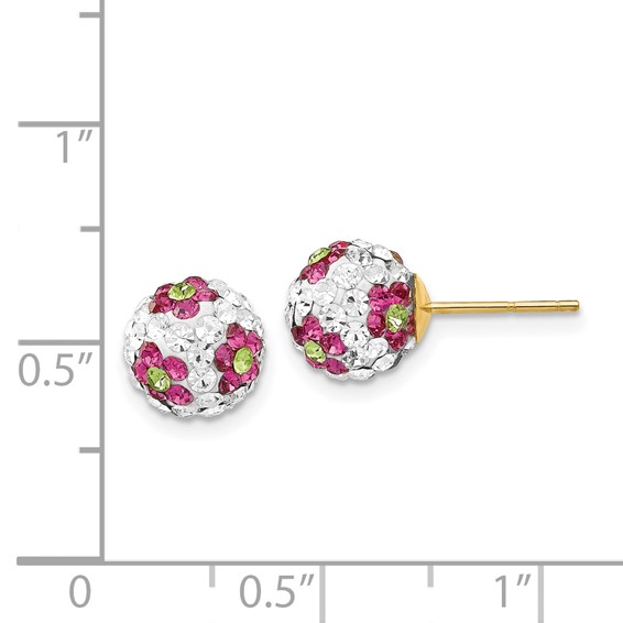 14k 8mm Pink/White/Green Crystal Flowers Round Ball Post Earrings