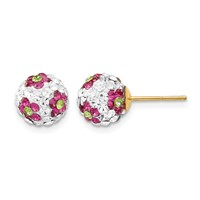 14K 8mm Yellow Gold Pink White Green Crystal Flowers Round Ball Post Earrings view 1