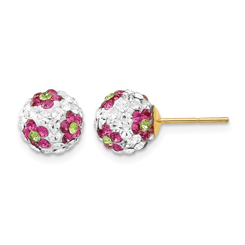 14K 8mm Yellow Gold Pink White Green Crystal Flowers Round Ball Post Earrings