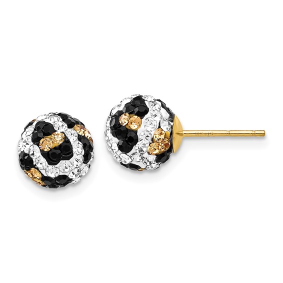 14k 8mm Leopard Pattern White/Black/Yellow Crystal Round Ball Post Earrings