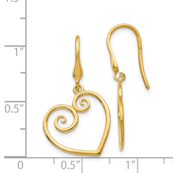 14K Fancy Scrolled Heart Dangle French Hook Earrings