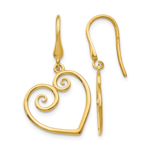 14K Yellow Gold Fancy Scrolled Heart Dangle French Hook Earrings