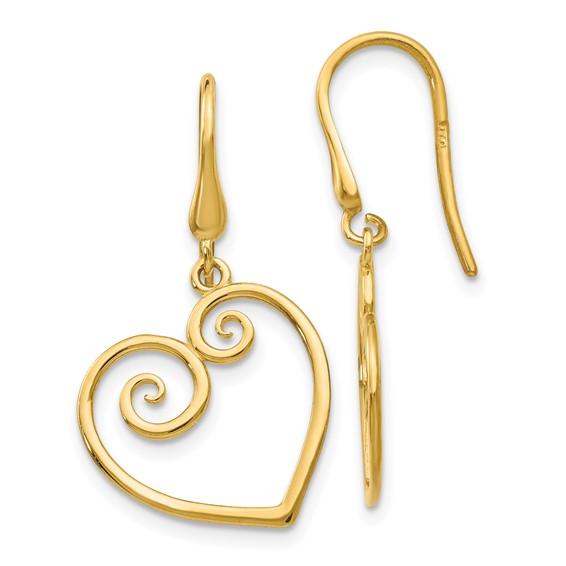 14K Fancy Scrolled Heart Dangle French Hook Earrings