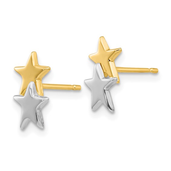 14k and White Rhodium Polished Two Stars Post Earrings