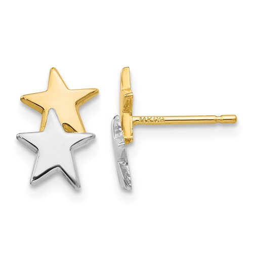 14K and White Rhodium Polished Two Stars Post Earrings