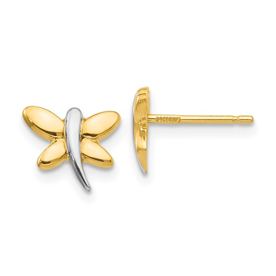 14k with White Rhodium Polished Dragonfly Post Earrings