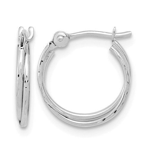 14K White Gold Polished Diamond Cut Double Hoops