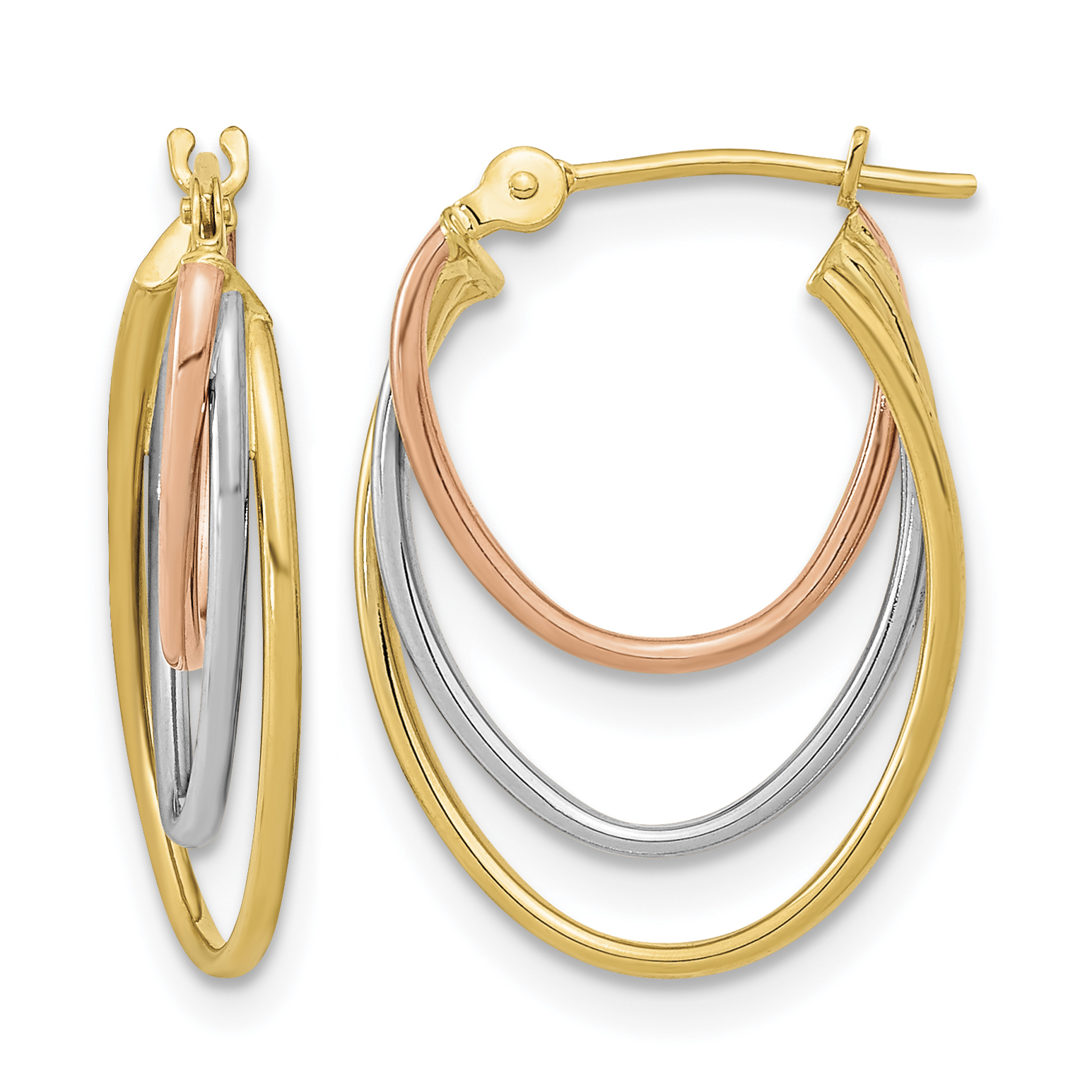 14k Tri-Color Diamond-cut Graduated 3 Ring Hoops (YE1783)