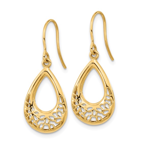 14k Polished Filigree Teardrop Dangle French Hook Earrings