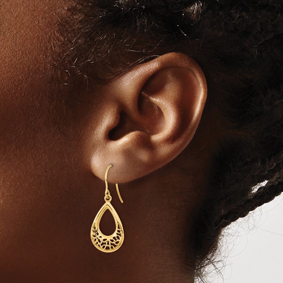 14k Polished Filigree Teardrop Dangle French Hook Earrings