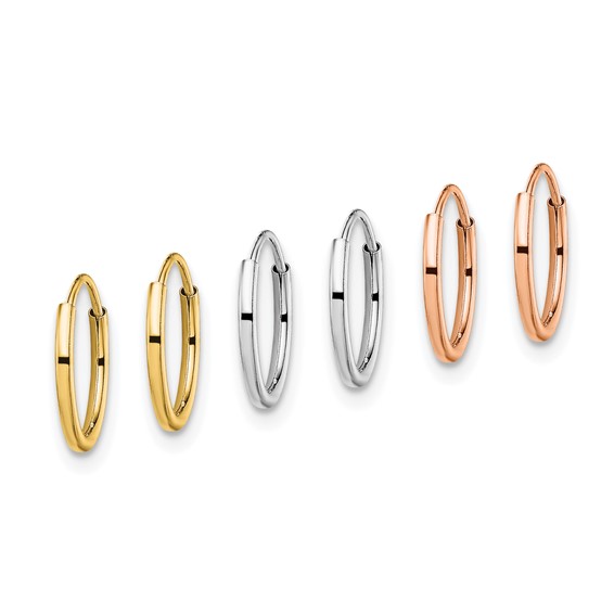14K Tri-Color 3-pair 1.1x10mm Endless Tube Hoop Earring Set