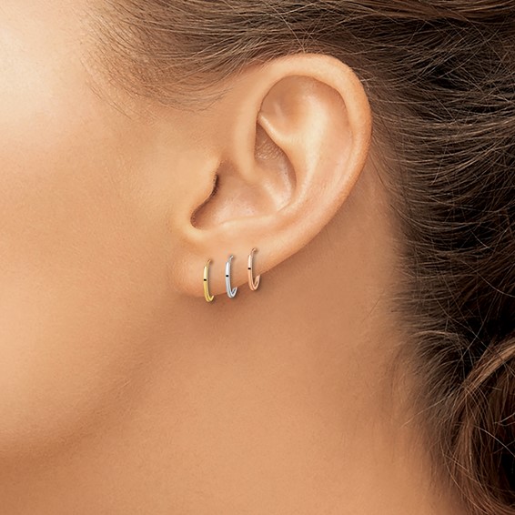 14K Tri-Color 3-pair 1.1x10mm Endless Tube Hoop Earring Set