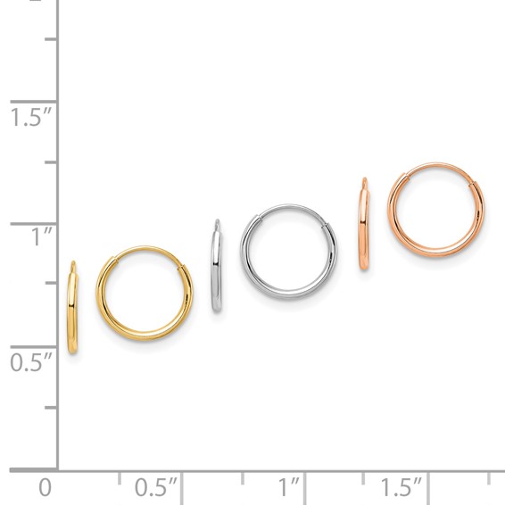 14K Tri-Color 3-pair 1.1x10mm Endless Tube Hoop Earring Set