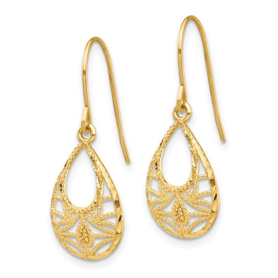 14K Diamond-cut Open Filigree Teardrop Dangle French Hook Earrings