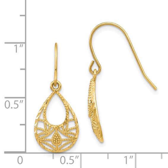 14K Diamond-cut Open Filigree Teardrop Dangle French Hook Earrings